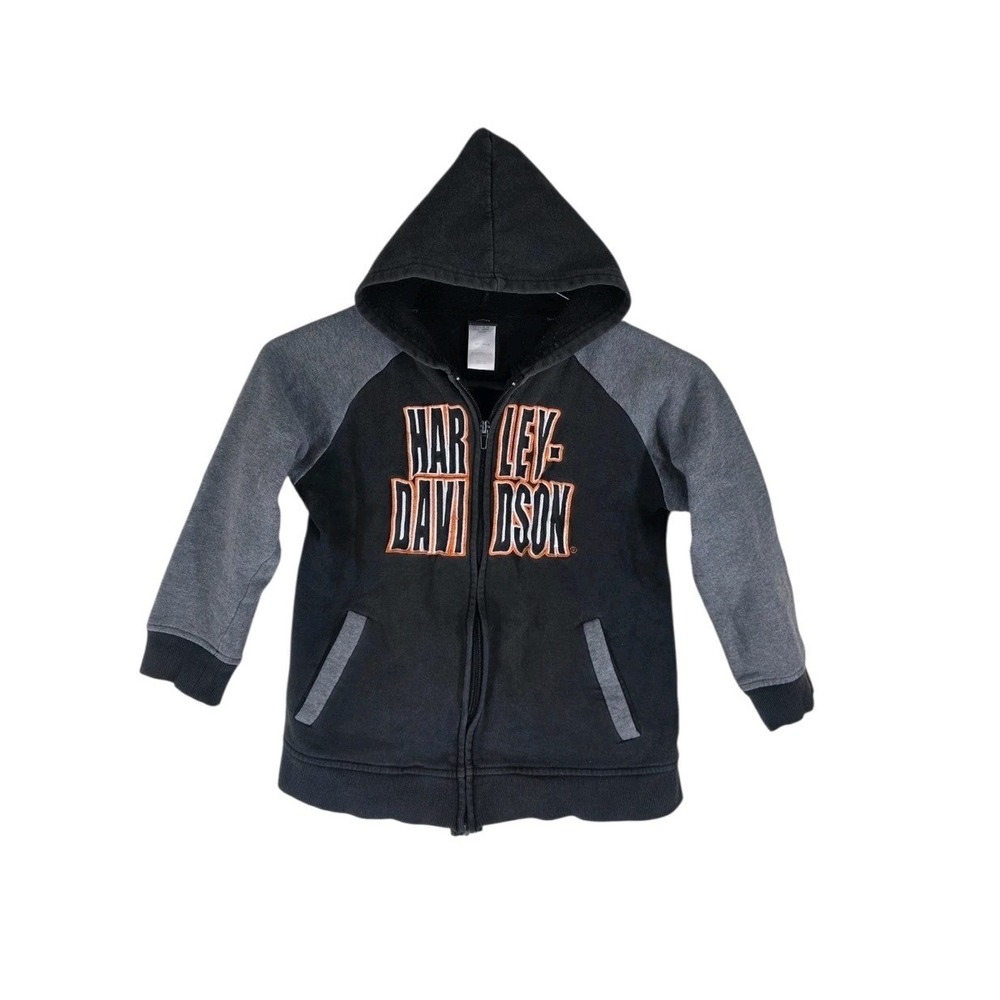 Harley Davidson Kids Full Zip Hoodie Black Gray Eagle Graphic Size 7 Sweatshirt